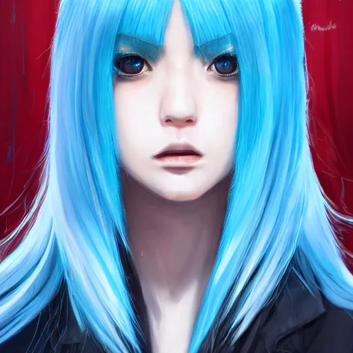 Image similar to full face shot of rimuru tempest, sky blue straight hair, long bangs, with amber eyes, wearing a fancy black jacket, high collar, beautiful, ultra detailed, brush strokes, digital painting, cinematic, wlop artstation, closeup, pixiv, intense, intimidating glare, photorealistic, overpowering, rossdraws, andy warhol,