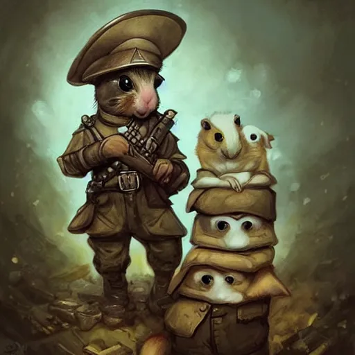 Image similar to cute little anthropomorphic Guinea Pig ww1 soldier, tiny, small, short, military outfit, cute and adorable, pretty, beautiful, DnD character art portrait, matte fantasy painting, DeviantArt Artstation, by Jason Felix by Steve Argyle by Tyler Jacobson by Peter Mohrbacher, cinema