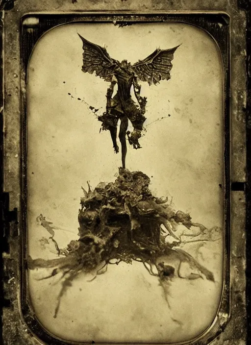 Prompt: old wetplate daguerreotype demons, devil, pain, anger, desolation, angel, explosion of data fragments, fractal, intricate, elegant, highly detailed, parallax, leica, medium format, subsurface scattering, by jheronimus bosch and greg rutkowski and brom