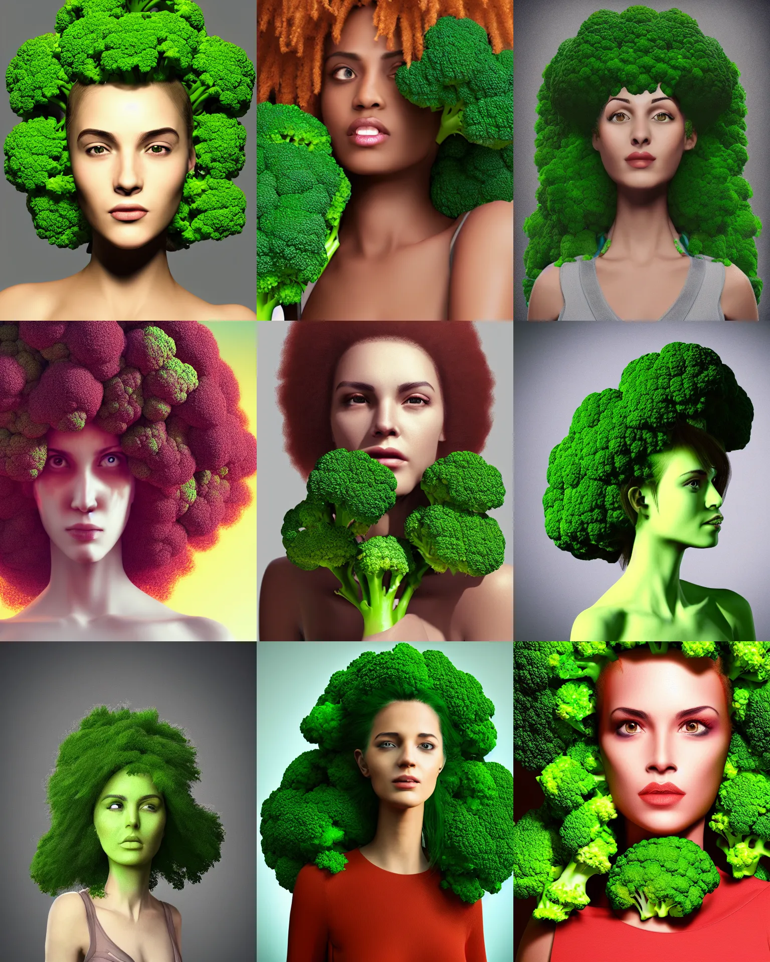 Prompt: a portrait of a woman with broccoli hair, digital art, high definition, unreal engine, vibrant