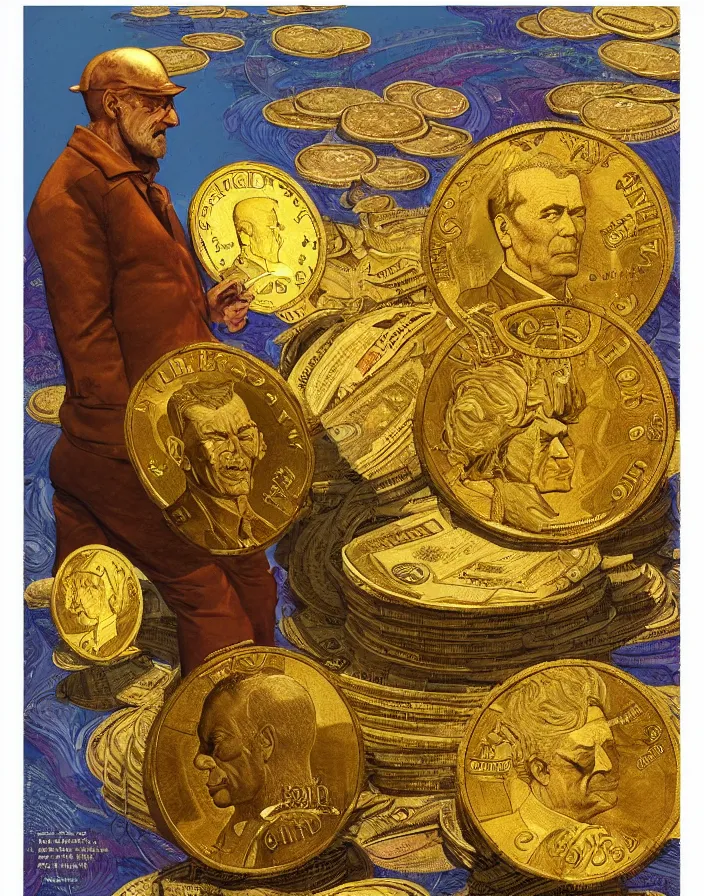 Image similar to dolar bill and gold coins from 50's, highly detailed, digital painting, concept art by Moebius Jean Giraud, sharp focus, illustration, art by Moebius Jean Giraud, Grafit Studio, and Greg Rutkowski and Craig Mullins