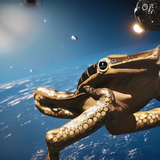 Prompt: frogman corps in space waving hi, unreal engine 6, 4 k, hyper realistic, extremely detailed, coherent,.