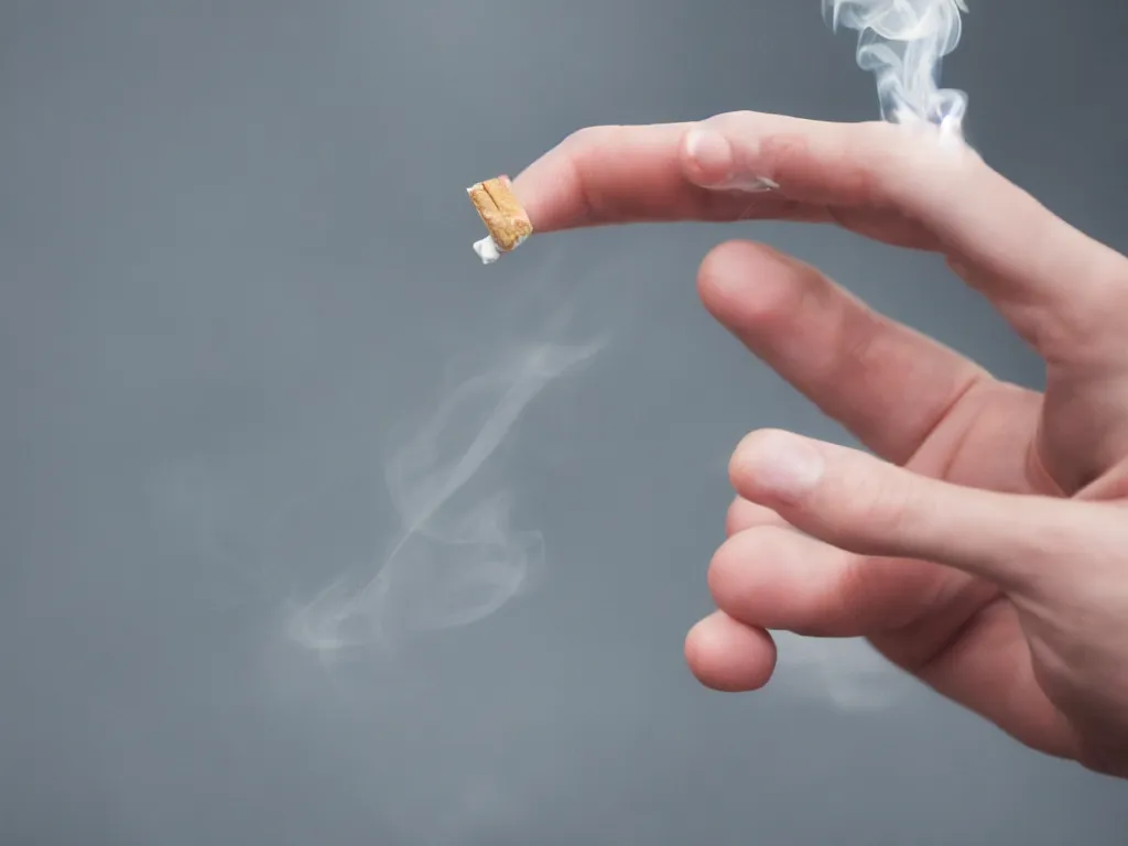 Image similar to Close-up view of hyperrealistic thin soft hand holding cigarette with smoke, hyper realistic photo