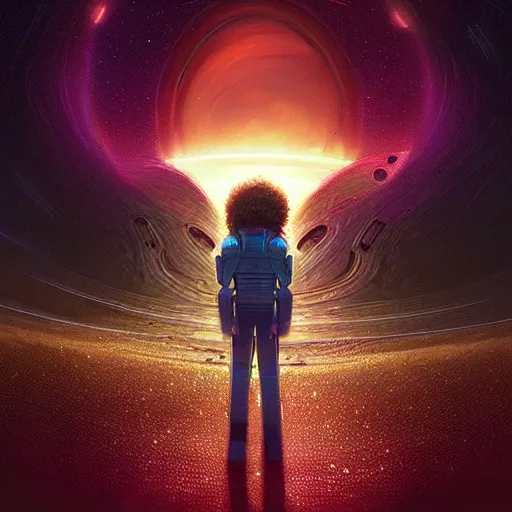 Prompt: Stellaris leader with curly hair and round glasses, Paradox games, concept art, by Christopher Balaskas and artgerm, vibrant, digital art, landscape, sci-fi, space