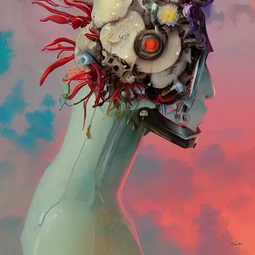 Image similar to surreal gouache painting, by yoshitaka amano, by ruan jia, by conrad roset, by kilian eng, by good smile company, detailed anime 3 d render of a mechanical melting android head with flowers growing out, portrait, cgsociety, artstation, modular patterned mechanical costume and headpiece, retrowave atmosphere