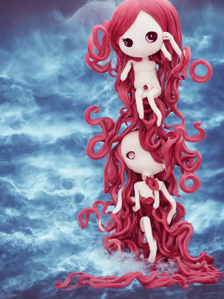 Prompt: cute fumo plush chibi gothic translucent octopus maiden alien girl combing her hair in the waves of the wavering dark galactic abyss, black and red dress with ribbons, ocean wave thunderstorm and reflective splashing water, black and white, ocean simulation, vignette, vray