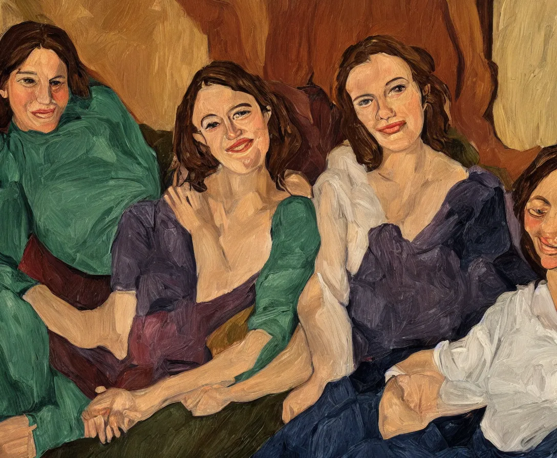 Image similar to portrait of pretty bella and esther with brown hair lying horizontal next to each other, in an old english apartment on a brown leather sofa. one is wearing a dark blue sweather, the other a white shirt. close up. in the style of lucien freud. oil painting. green light. thick colorful brush strokes. smiling