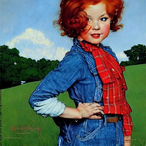 Prompt: a redhead girl thinking, portrait, centered, artwork by Norman Rockwell, cinematic view, high quality