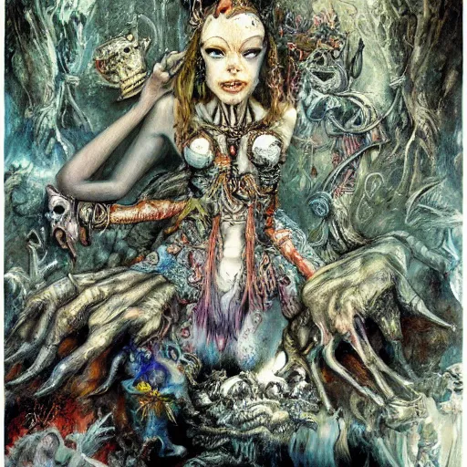 Image similar to princes of hell in alice in wonderland tripping on ayahuasca with faces in the background, intricate detail, painting, royo, frazetta, whealan,