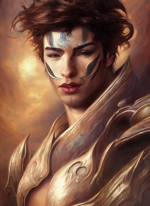 Image similar to a higly detailed airbrush full body shot and face portrait painting of a fantasy male character, pathfinder, dynamic lighting, ambient lighting, deviantart, art by artgerm, karol bak