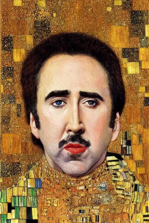 Image similar to Portrait of Nicolas Cage painted by gustav klimt