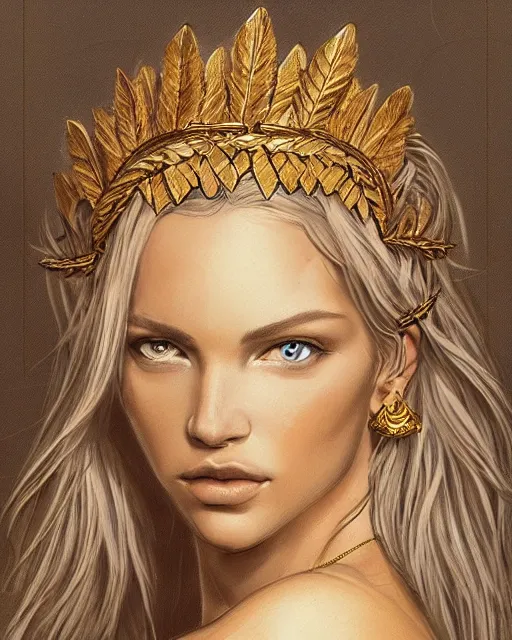 Image similar to tattoo design sketch of hot blonde super model as aphrodite greek goddess wearing a gold laurel wreath and triangle earrings, beautiful piercing gaze with sharp pupils, in the style of greg rutkowski, fantasy, amazing detail, epic, elegant, smooth, sharp focus, front view