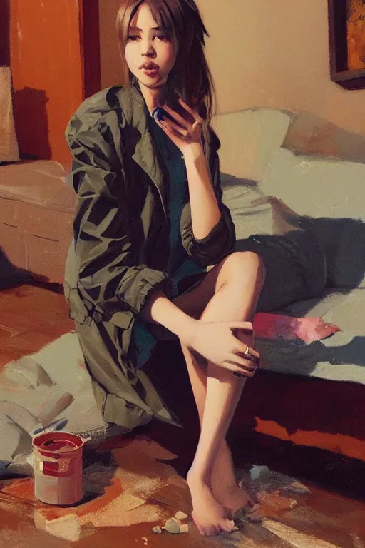 Prompt: A ultradetailed beautiful panting of a stylish girl sitting on the floor of a messy apartment, she is wearing an oversized jacket, Oil painting, by Ilya Kuvshinov, Greg Rutkowski and Makoto Shinkai