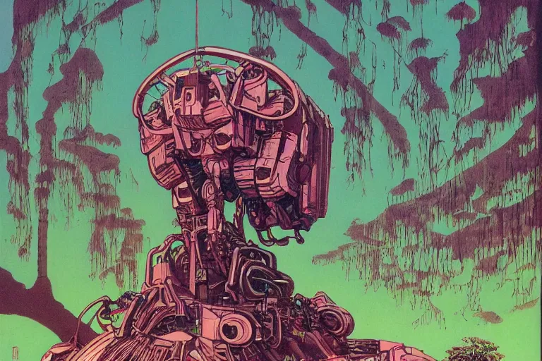 Image similar to gigantic man head, a lot of exotic vegetation around, trees, tremendous mecha robot, flowers, risograph!, oldschool vintage sci - fi flat surreal design, super - detailed, painting by moebius and jodorowski