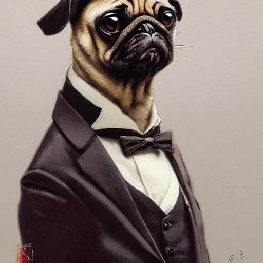 Image similar to pug in a suit, painted by tsuyoshi nagano, greg rutkowski, artgerm, alphonse mucha