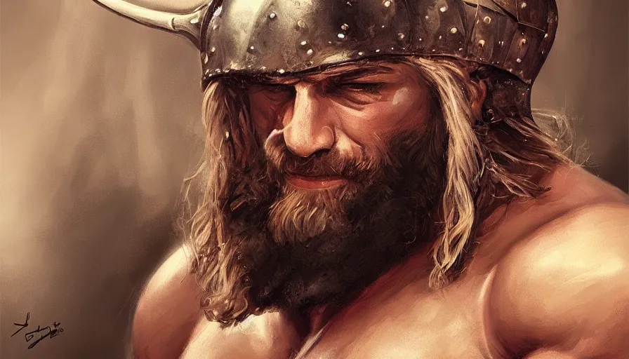 Image similar to handsome portrait of a viking guy bodybuilder posing by jama jurabaev, trending on artstation, high quality, brush stroke