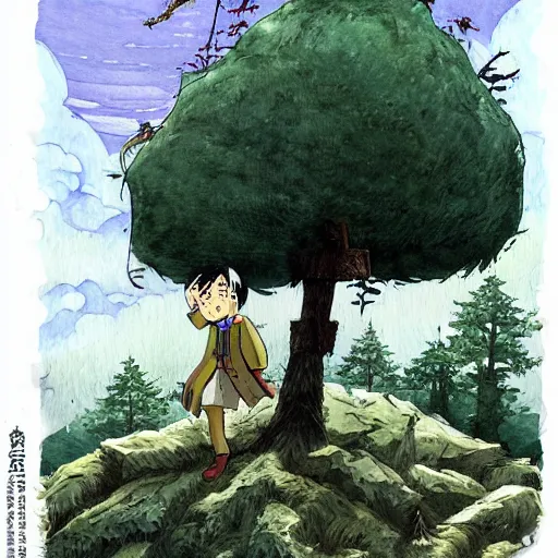 Image similar to laputa castle in the sky robot hayao miyazaki stands in a small clearing among trees, watercolor illustration for a book