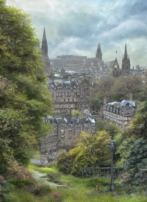 Image similar to a beautiful digital graphics design portrait of Edinburgh city. Edinburgh overgrown with plants, caledonian forest, matte painting, fantasy art, highly detailed