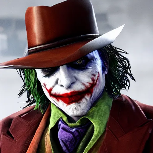 Image similar to The Joker in Red Dead Redemption 2, 4K, detailed