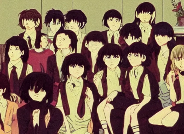 Image similar to screenshot from 8 0's horror guro anime, yellowed grainy noisy vhs footage, few schoolgirls trapped in a bathroom, stalls and sinks and tiled floor, sad scared girls are in beige sailor school uniforms, sitting on the floor, yelling at one another, detailed expressive faces, various hair colors and styles, expressive beautiful eyes in the style of ghibli,