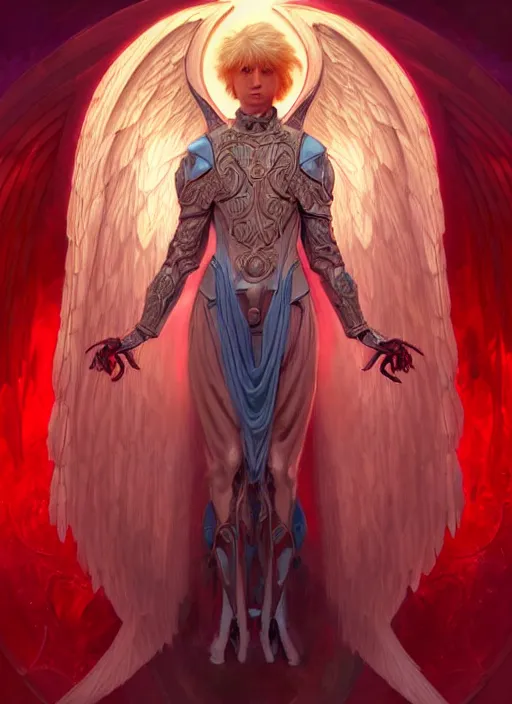 Image similar to the pale blond male angel of battle lucius smirking, sci fi, glowing eyes, volumetric lights, red and cyan theme, art nouveau botanicals, intricate, highly detailed, digital painting, artstation, concept art, smooth, sharp focus, cinematic, illustration, beautiful face, art by artgerm and greg rutkowski and alphonse mucha