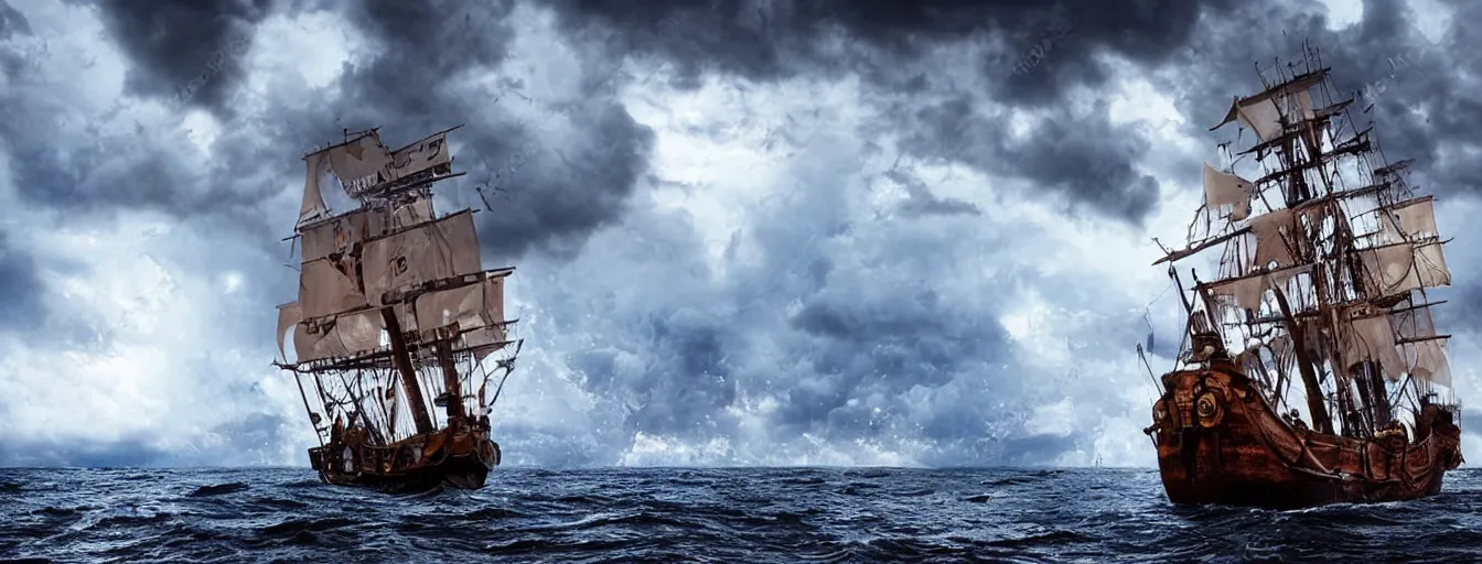 Image similar to pirate ship in the middle of the ocean, thunderstorms