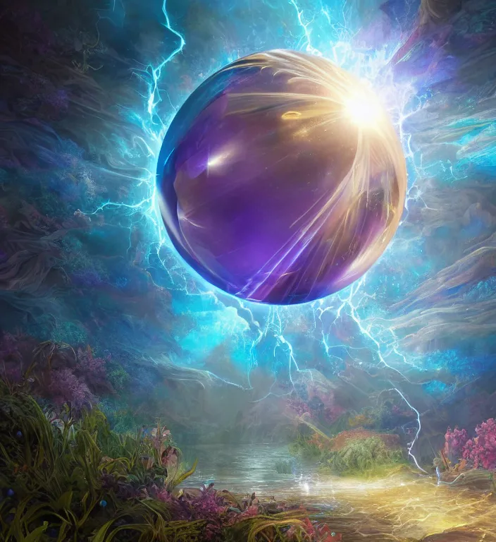 Prompt: a magical and exquisite fantasy illustration of an intricate and faceted crystal ball with a world inside of it + in water + prism + god rays + dramatic lightning + backlit + specular highlights + ambient occlusion + global illumination + bump map + reflective + caustics + refractive + unreal engine 5 + DOF + sharp focus, digital artwork by Peter Mohrbacher and Greg Rutkowski