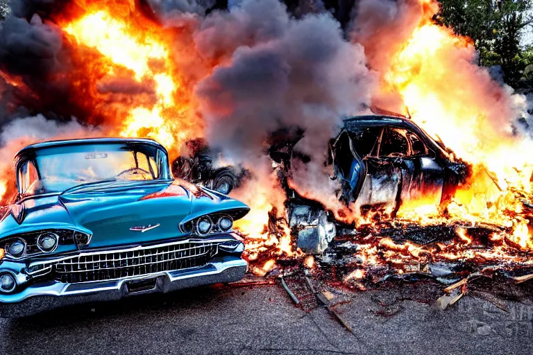 Prompt: 1959 Ford Cadillac exploding, full shot photograph, 4k high res, high detail
