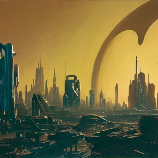 Image similar to futuristic city seen from afar from a wasteland, daylight, blue sky, cinematic lighting, blue sky, syd mead, john harris