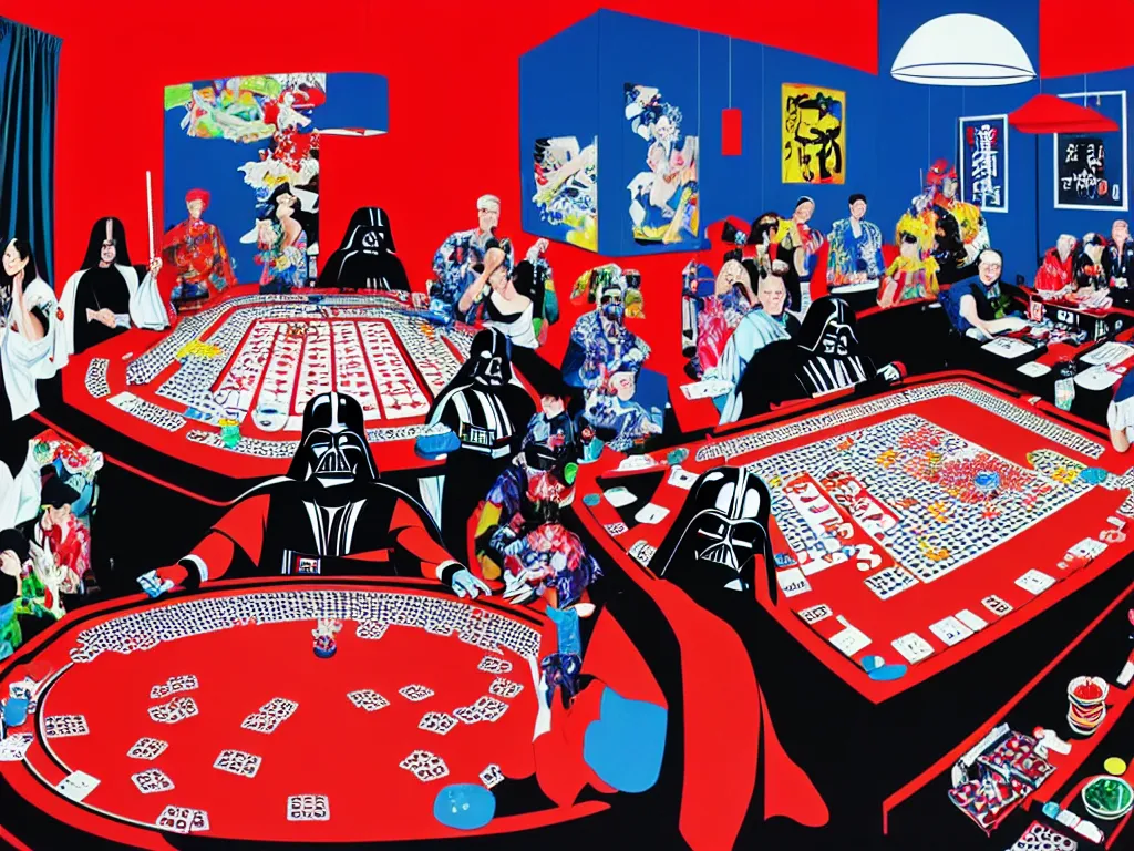 Prompt: hyper - realistic composition of a large room with an extremely detailed poker table in the center, woman in traditional japanese kimono standing nearby, darth vader sitting at the table, fireworks in the background, pop art style, jackie tsai style, andy warhol style, acrylic on canvas, dull palette