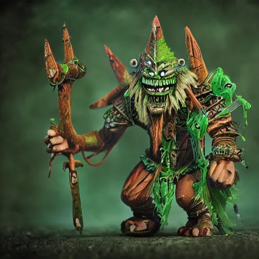 Prompt: a photo of a shaman goblin in the style of Warhammer, green skin goblin in front of fractals, fractal background