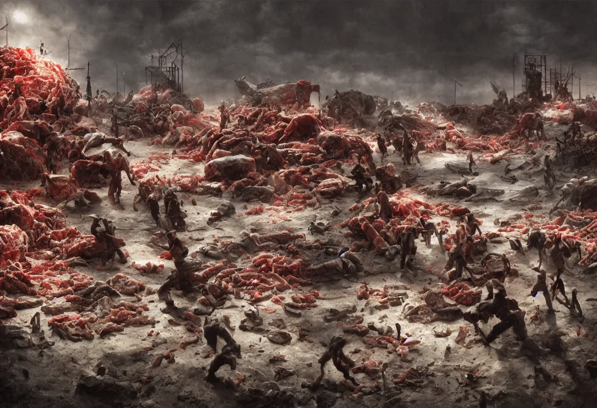 Prompt: meat grinder, people go in one end and meat comes out the other, colorfully apocalyptic ominous background, minimalism, hyper realism, matte painting, realistic, dramatic lighting, octane render, highly detailed, cinematic lighting, cinematic, art by rutkowski and frazetta and rembrandt