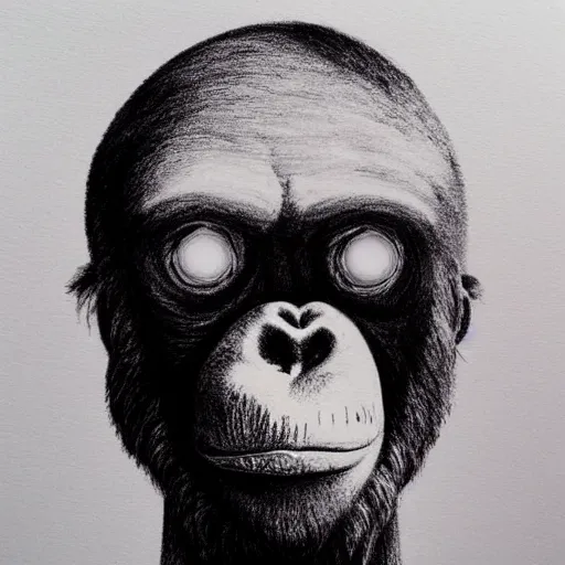 Image similar to pencil art, realistic self portrait, astronaut with a chimpanzee, psychedelic, solar eclipse.