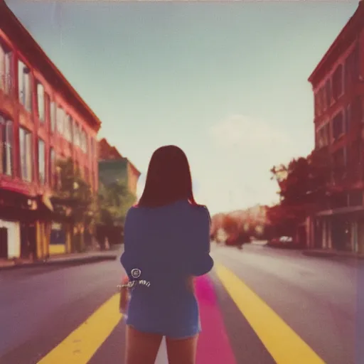 Prompt: colorful instant photograph of a woman in the middle of the street, polaroid, light leak, raw, nostalgic, daylight, blue sky, clouds