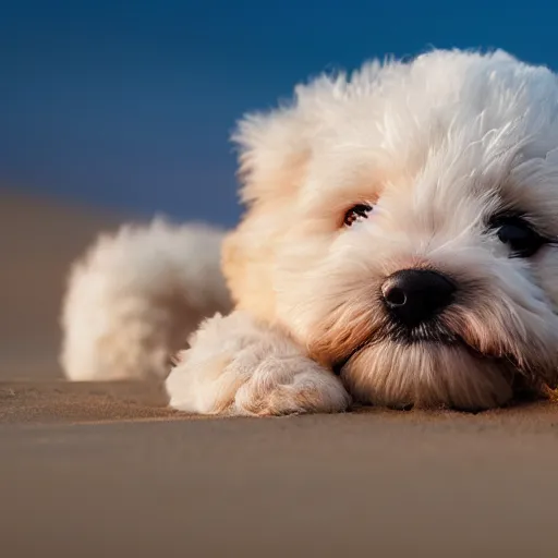 Image similar to a closeup photorealistic photograph of a cute smiling tiger bichon pup laying out at the beach during sunset. professional capture, well lit shot. this 4 k hd image is trending on artstation, featured on behance, well - rendered, extra crisp, features intricate detail, epic composition and the style of unreal engine.