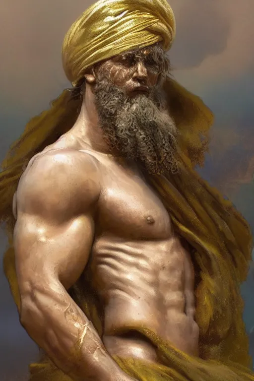 Prompt: painted portrait of rugged zeus greek god wearing turban by greg rutkowski craig mullins art germ alphonse mucha, messy gold body paint over back and his arms, white hair handsome muscular upper body mature warm tone bulging bubble flowing robe [ ancient greek motifs ] background fantasy intricate elegant detailed digital painting concept art artstation sharp focus illustration