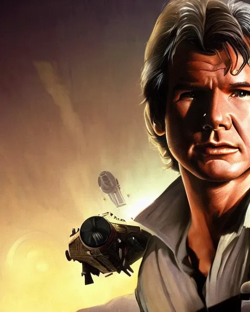 Image similar to the most amazing dream you ever had about han solo, harrison ford,, star wars, gta v, hyper realistic, ambient lighting, concept art, intricate, hyper detailed, smooth, volumetric lighting, george lucas, ralph mcquarrie, octane