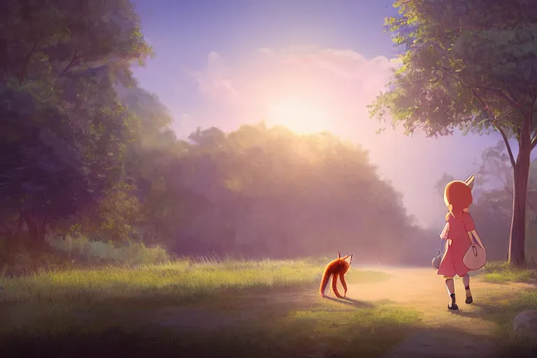 Prompt: a young girl walking to school with her pet fox, matte painting in the style of studio ghibli, early morning light, sunrise, cinematic lighting