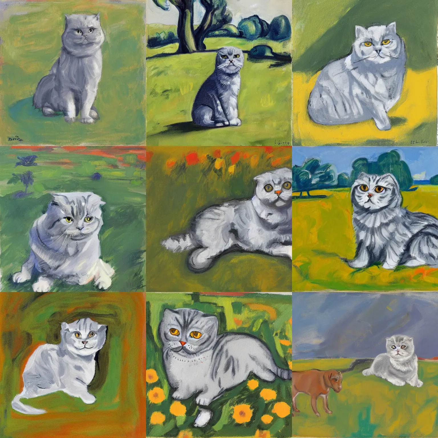 Prompt: a gray scottish fold sitting in the middle of sunny meadow, by elaine de kooning