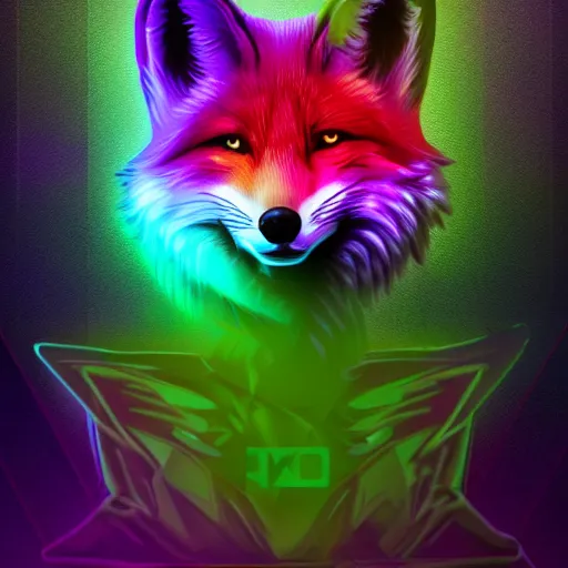 Prompt: digital greenest fox, retrowave palette, digital world, highly detailed, electric breeze, anatomically correct vulpine, synth feel, fluffy face, ear floof, flowing fur, super realism, accurate animal imagery, 4 k digital art