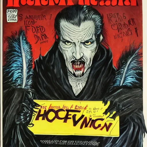 Prompt: vincent price as howard hughes in long black feathered cloak, black hands tipped with black claws, feathers growing out of skin, at opulent desk, comic book cover, vivid, illustration, highly detailed, rough paper, dark, oil painting