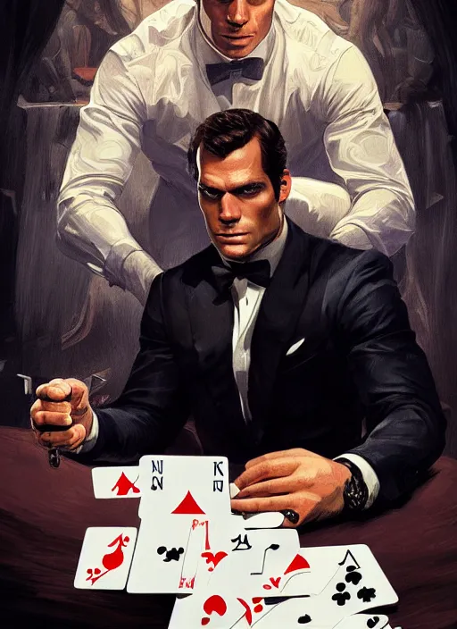 Prompt: portrait of henry cavill as james bond, casino, falling poker cards, key art, highly detailed, digital painting, artstation, concept art, cinematic lighting, sharp focus, illustration, art by artgerm and greg rutkowski and alphonse mucha