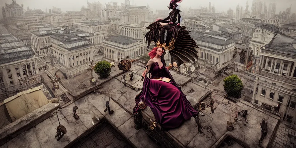 Prompt: the amazing floating neoclassical city, fantasy, steampunk, a colorful fashion icon is sitting on the top of a roof. intricate, amazing composition, gloomy by emmanuel lubezki