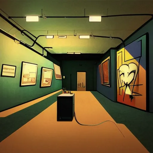 Image similar to low light museum, sparse room, black walls, dark lighting, blue oled lights in corners, soft neon lights, dark showroom, cel - shading, 2 0 0 1 anime, flcl, jet set radio future, the world ends with you, kid a, cel - shaded, strong shadows, vivid hues, y 2 k aesthetic, art by artgerm