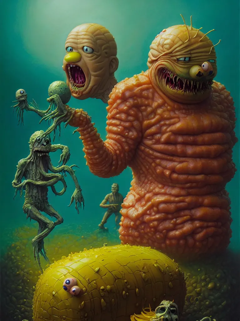 Image similar to hyperrealistic rendering, fat smooth john carpenter flesh monster spongebob by donato giancola and greg rutkowski and wayne barlow and zdzisław beksinski, product photography, action figure, sofubi, studio lighting, colored gels, colored background