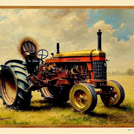 Prompt: ( ( ( ( ( royal farm tractor, fully ornated with intricate gold and jewels. muted colors. ) ) ) ) ) high resolution, high quality, by jean - baptiste monge!!!!!!!!!!!!!!!!!!!!!!!!!!!