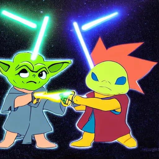 Image similar to Yoda obi wan lightsaber battle, dramatic duel of the fates, in the style of pokemon, cartoon, bright colours