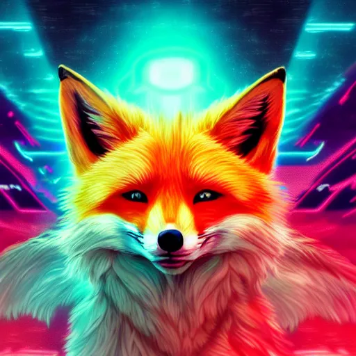 Prompt: digital fox, retrowave palette, digital world, highly detailed, electric breeze, strong wind, anatomically correct vulpine, synth feel, fluffy face, ear floof, flowing fur, super realism, accurate animal imagery, 4 k digital art