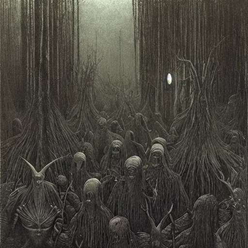 Image similar to occult members gather in a louisiana bayou swamp, highly detailed horror beksinski painting