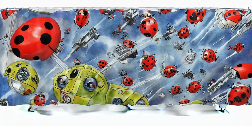 Prompt: shower curtain product catalog. wide - angle photo. on the curtain is a low - angle watercolor of the a ladybug robots. the robots have an epic fight against darth vader on a sunny day. the water color has ink under drawing. wide - angle product photography of a shower curtain, product lighting. 4 k, highly detailed. saturated.